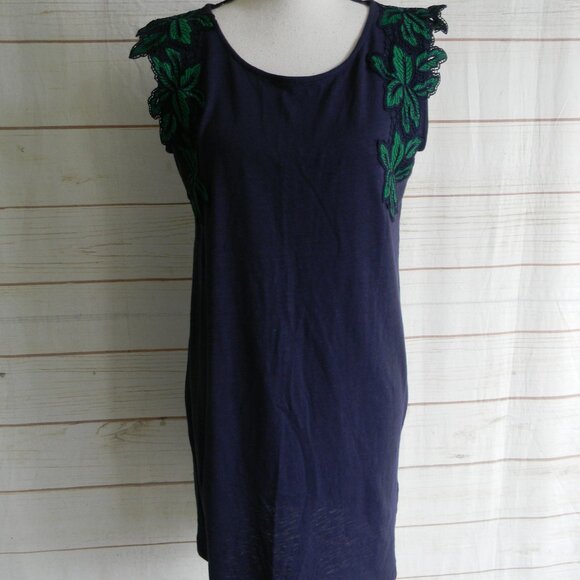 NWT C&C CALIFORNIA  BLUE COTTON AIRY DRESS GREEN EMBROIDERED LEAVES TROPICAL - Picture 2 of 6